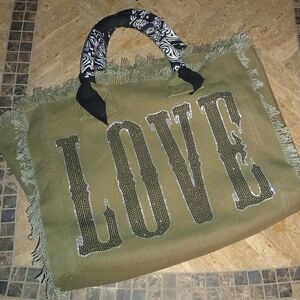 Hipchik Couture Bag Tote Love Canvas Fringe Tan Black/White Bandana Handle.